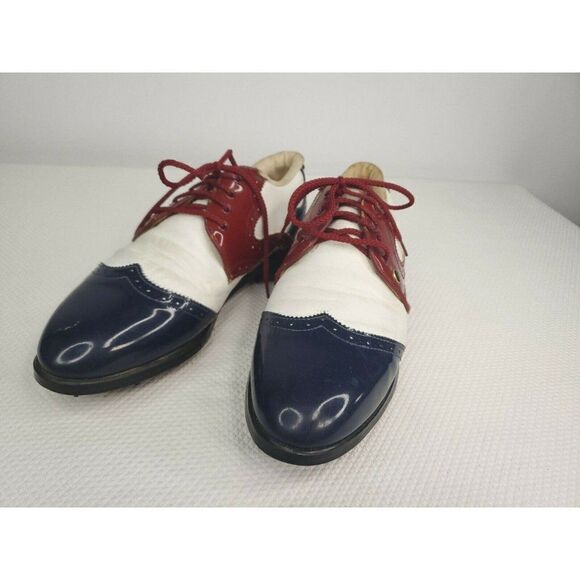 Vintage 60s Patent Leather Golf Shoes Oxfords Mens 9.5 Red White Blue USA - Picture 3 of 12